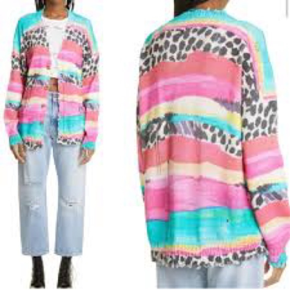 La Miel Colorful Striped Leopard Print Cardigan Large NEW